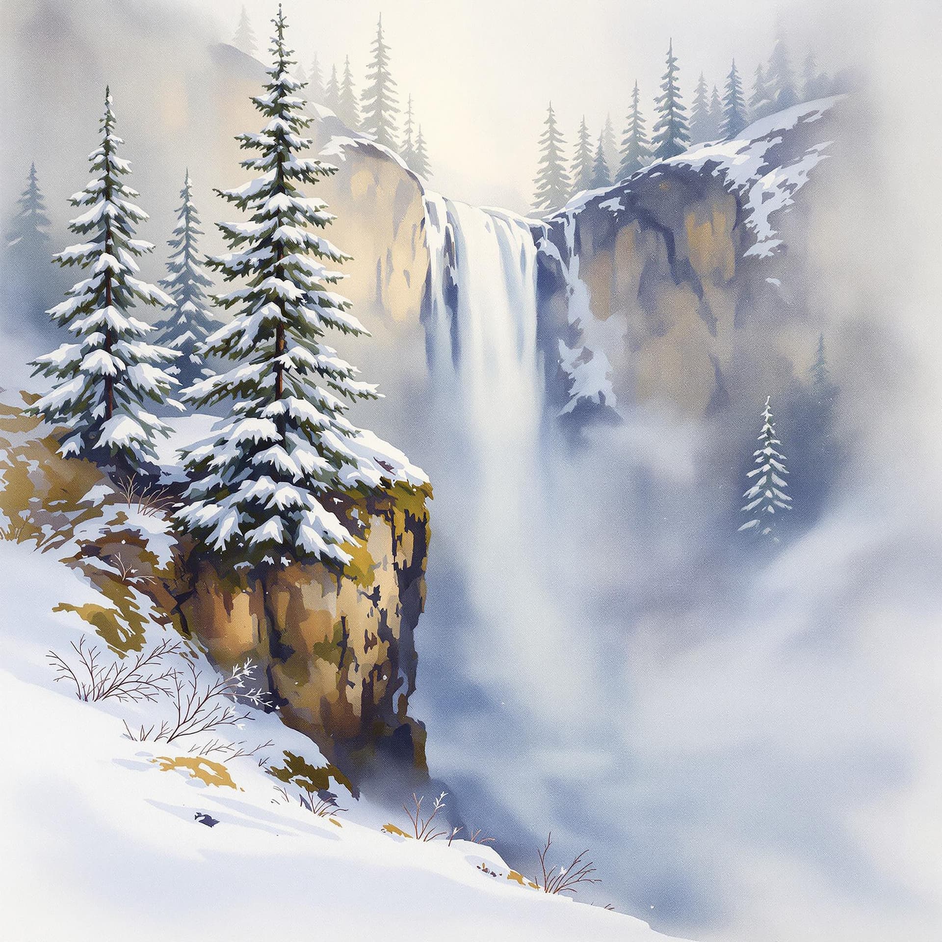 AI generated: Airbrushed watercolor painting, serene winter landscape, majestic waterfall, delicate lace-like pine...