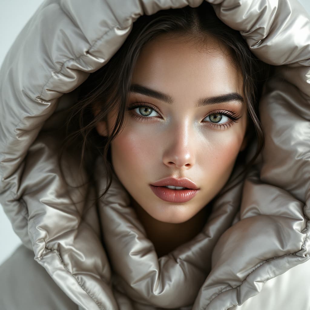 AI generated: well lit fashion shoot portrait of extremely beautiful female wearing massively over size puffer jac...