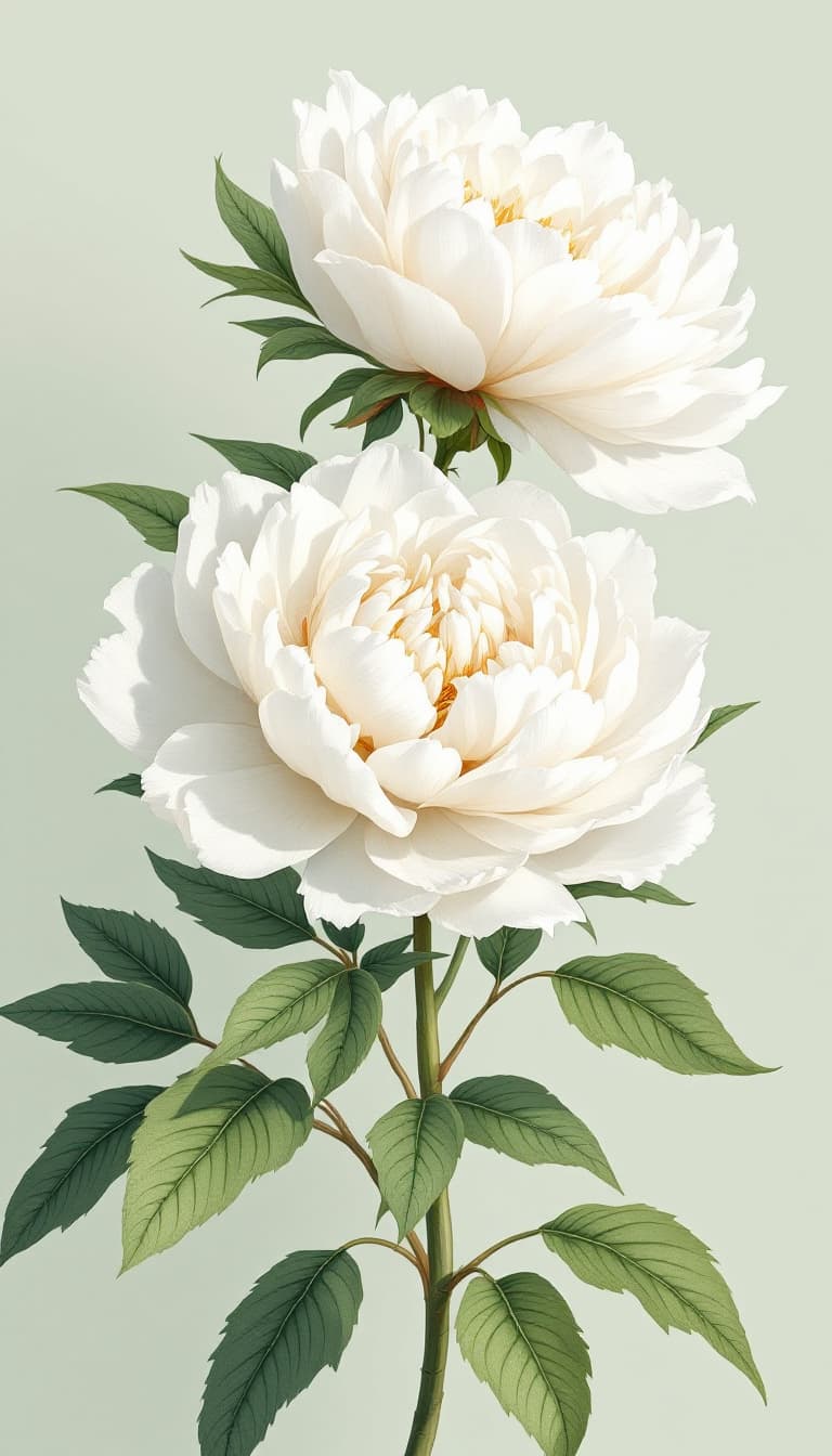 AI generated: Delicate white peonies, soft pale green background, green leaves, elegant floral illustration, seren...