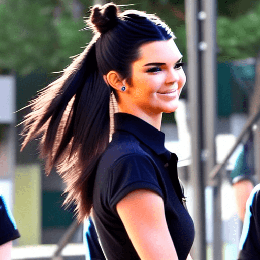 AI generated: kendall jenner as Beautiful highschool girl in uniform turns around with a smile with tears, long ha...