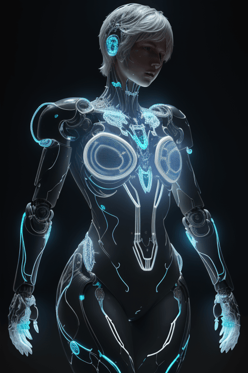 AI generated: Messi, Artstation, body made of intricate realistic white glowing circuits and robotic parts covered...