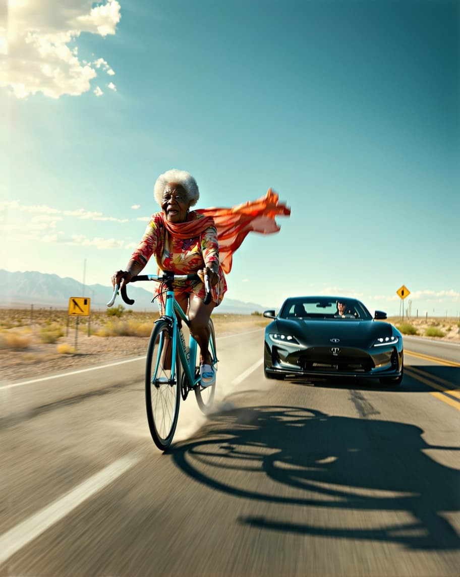 AI generated: The image depicts a humorous and surreal scene on a highway. An elderly African American woman is ri...