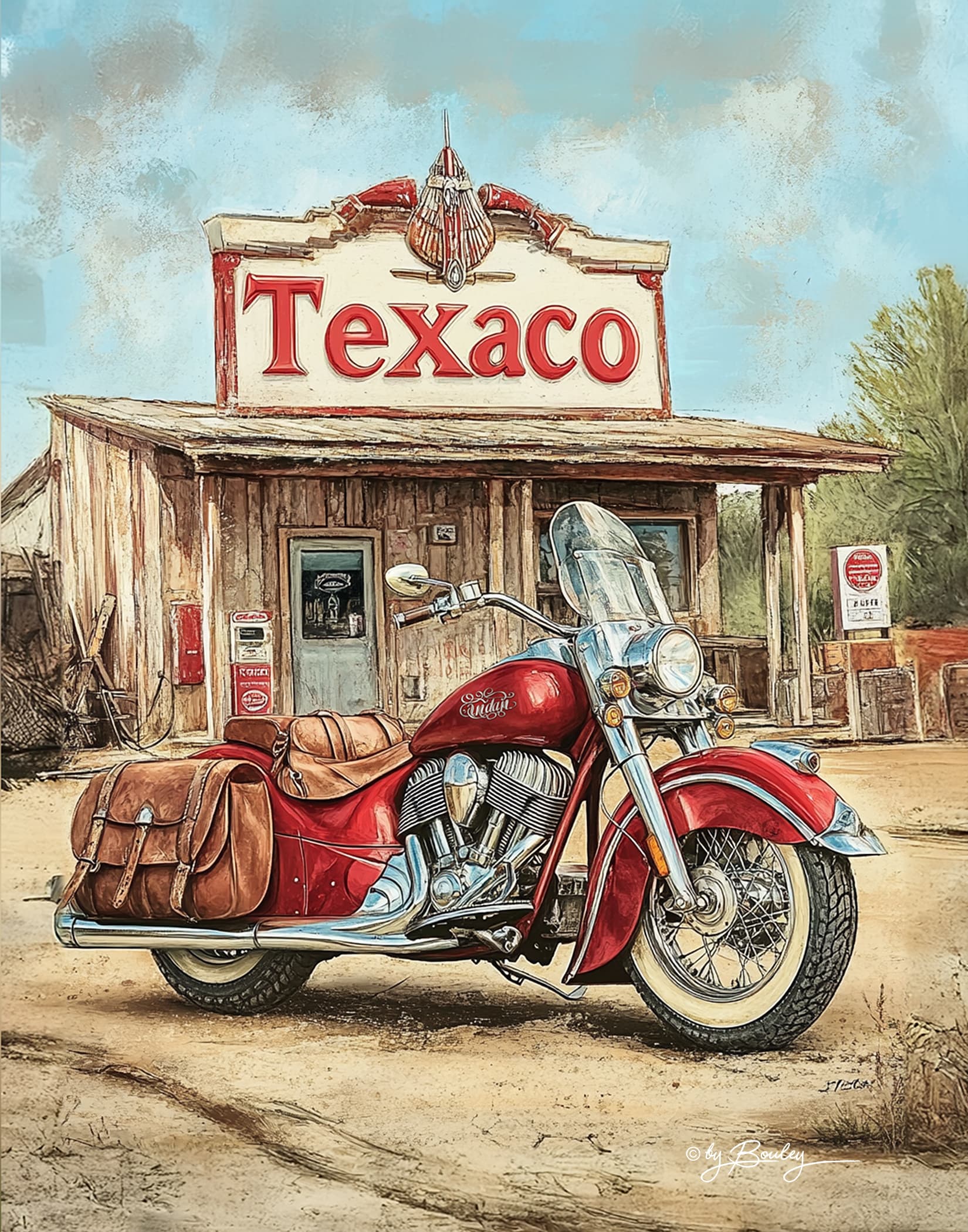 AI generated: A vintage style poster featuring an old gas station, text "Texaco", with a red "Indian" motorcycle, ...