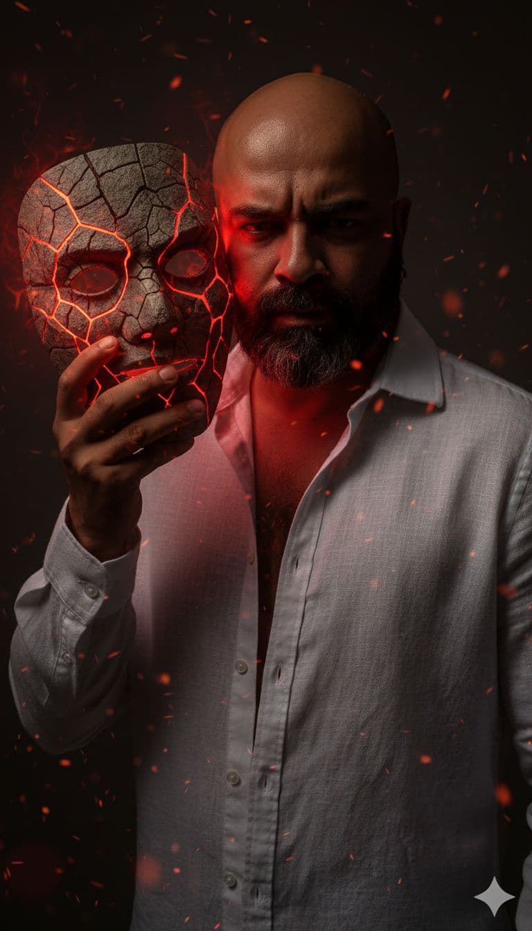 AI generated:  Me with a Musk
A dramatic close-up portrait of a man holding a cracked stone mask beside his face....