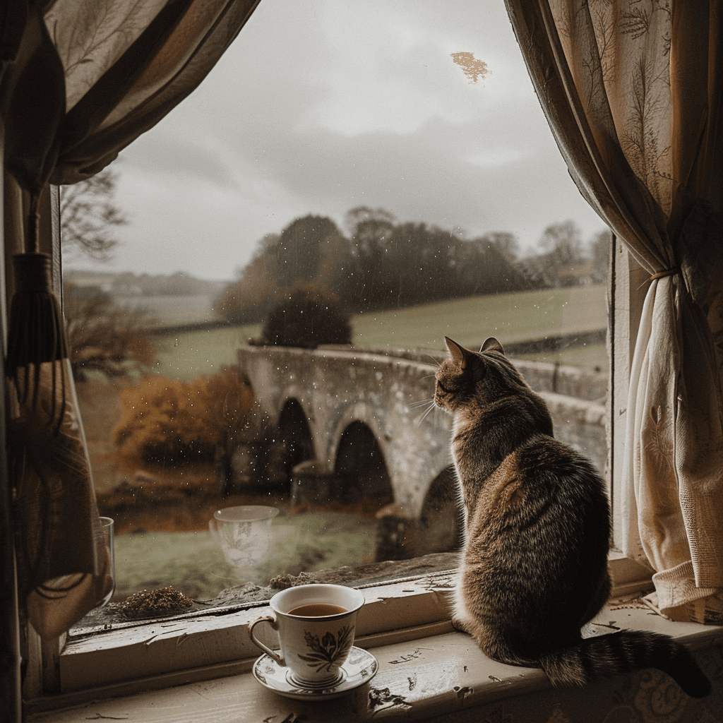 AI generated: A cat sitting on the windowsill of an English country house, looking out at rolling green fields and...