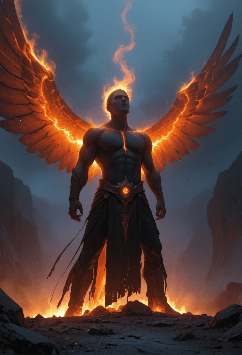 AI generated: powerful,cinematic fantasy artwork depicting a mythic figure ascending in a blaze of divine fire. A ...