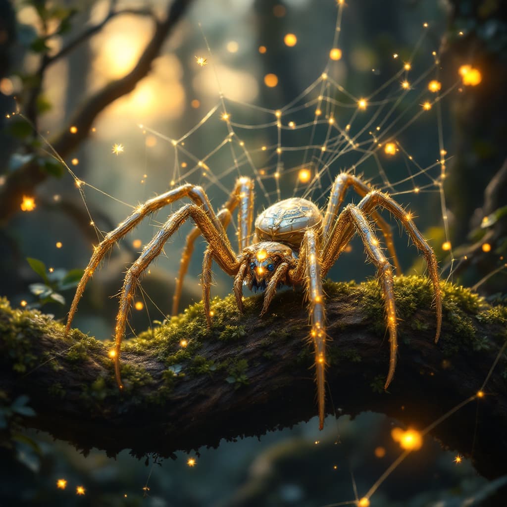 AI generated: A highly detailed and enchanting scene of a mystical spider weaving threads of pure gold in a magica...