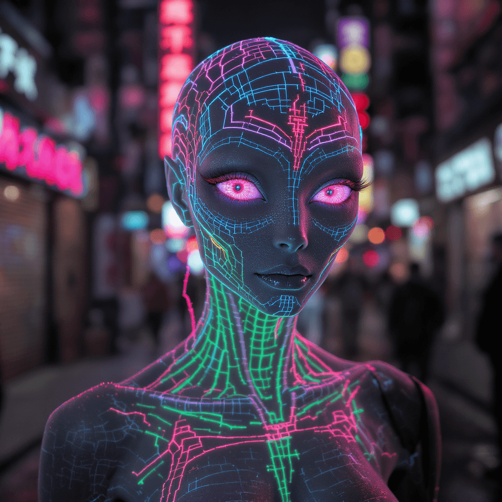 AI generated: alien woman in glowing cyberpunk street, translucent skin revealing bioluminescent veins, vivid neon...
