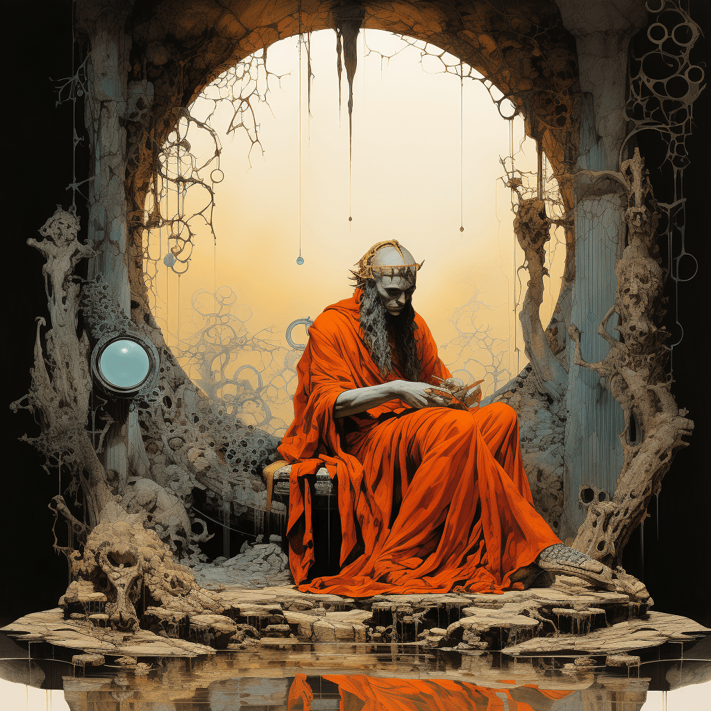 AI generated: Raphael Kirchner and Moebius and Sergio Toppi, the Horned God Carnun in his cave, Hyperrealism, vibr...
