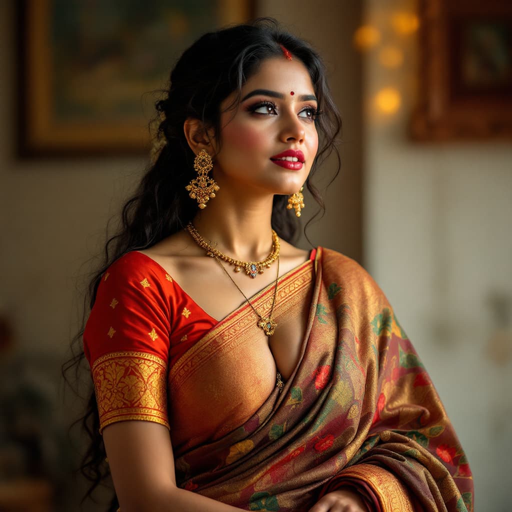 AI generated: young indian aunty showing cleavage in saree