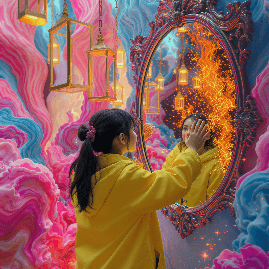 AI generated: A young girl in a bright yellow coat gazes at her reflection in an ornate mirror, her hand reaching ...