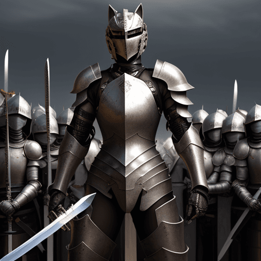 AI generated: a femboy with metal armor holding a sword near a crowd