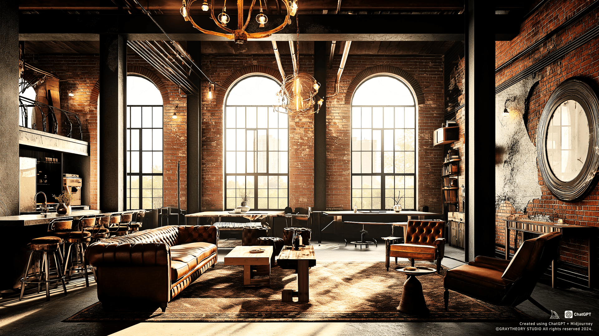 AI generated: Front view of an industrial-style loft, exposed brick walls, high ceilings with wooden beams, iron-f...