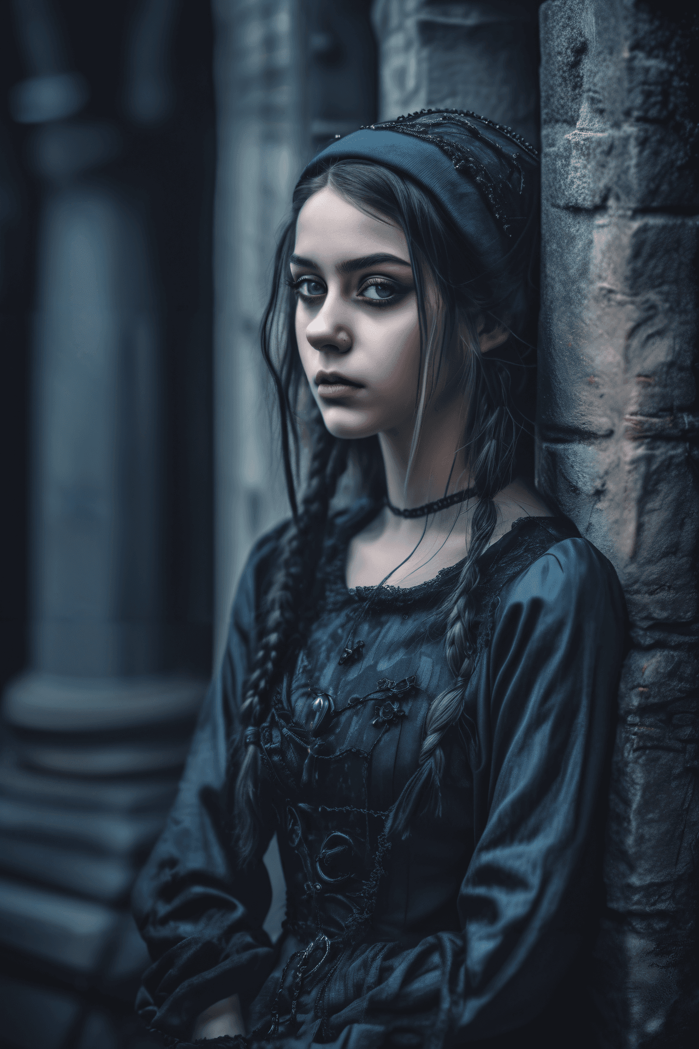AI generated:  Masterpiece, Best Quality portrait of a teenage girl, cold color palette, (gothic style:1.2), . 8k,...