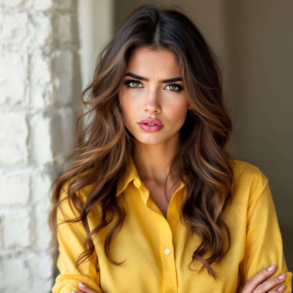 AI generated: style,Elegant portrait of a woman with long wavy hair, wearing a yellow shirt,indoors, sulky look,po...