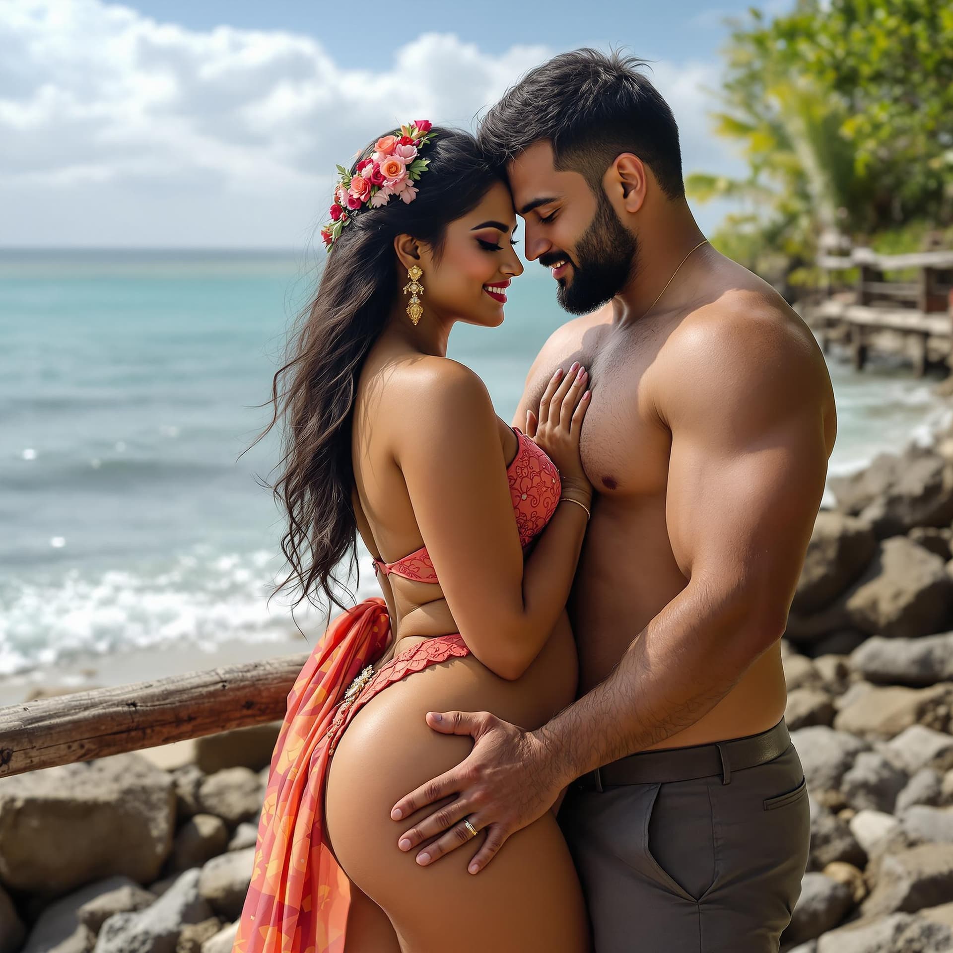 AI generated: full body view of most beautiful european couple as most beautiful indian couple, woman embracing wi...