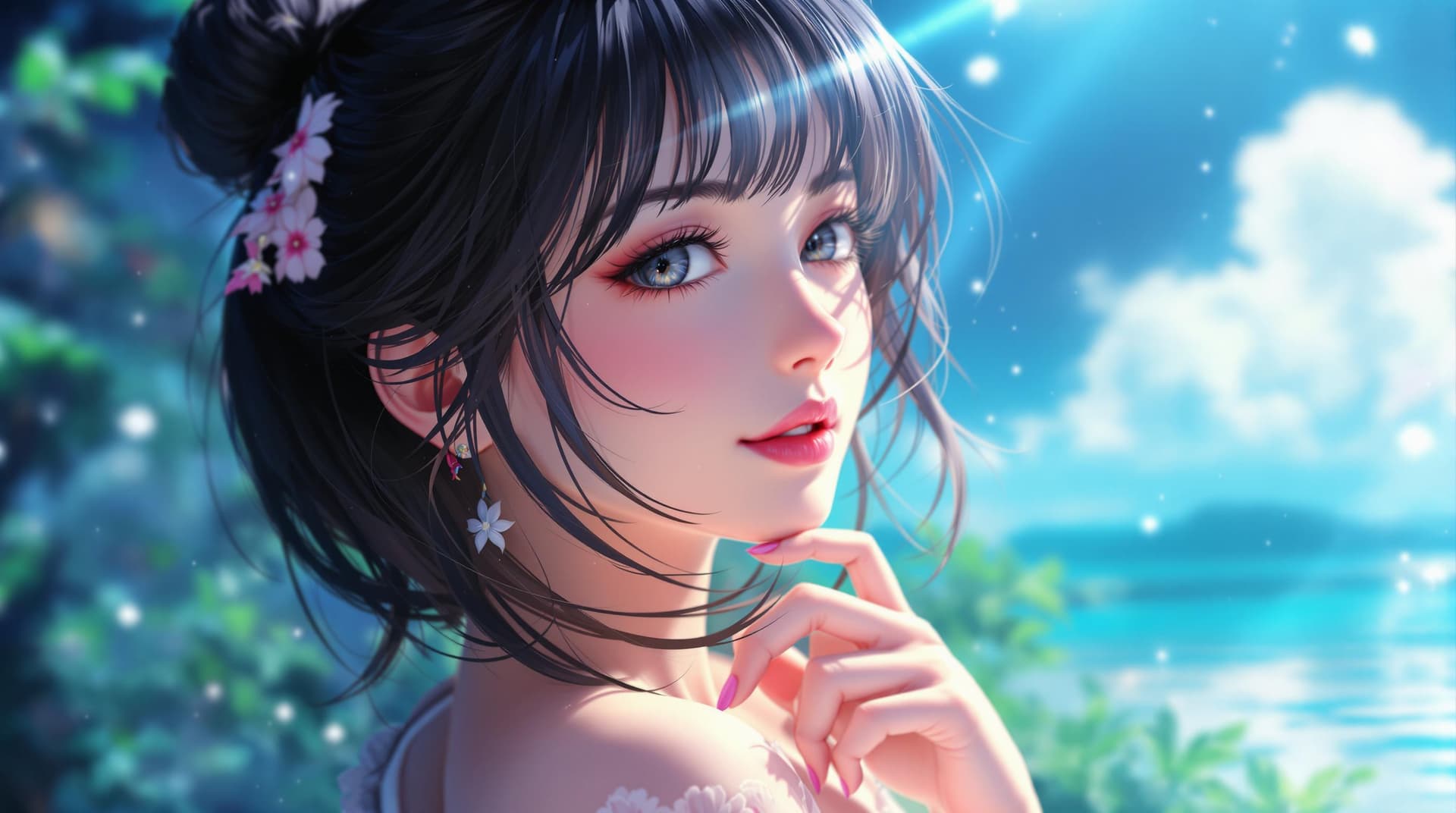 AI generated: make a women in anime theme looking so good and make for the she have so much good looks in her happ...
