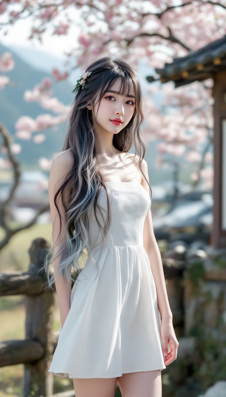 AI generated: A person, korean ulzzang face, japanese girl, long hair, bangs, multi color hair, wearing a white st...