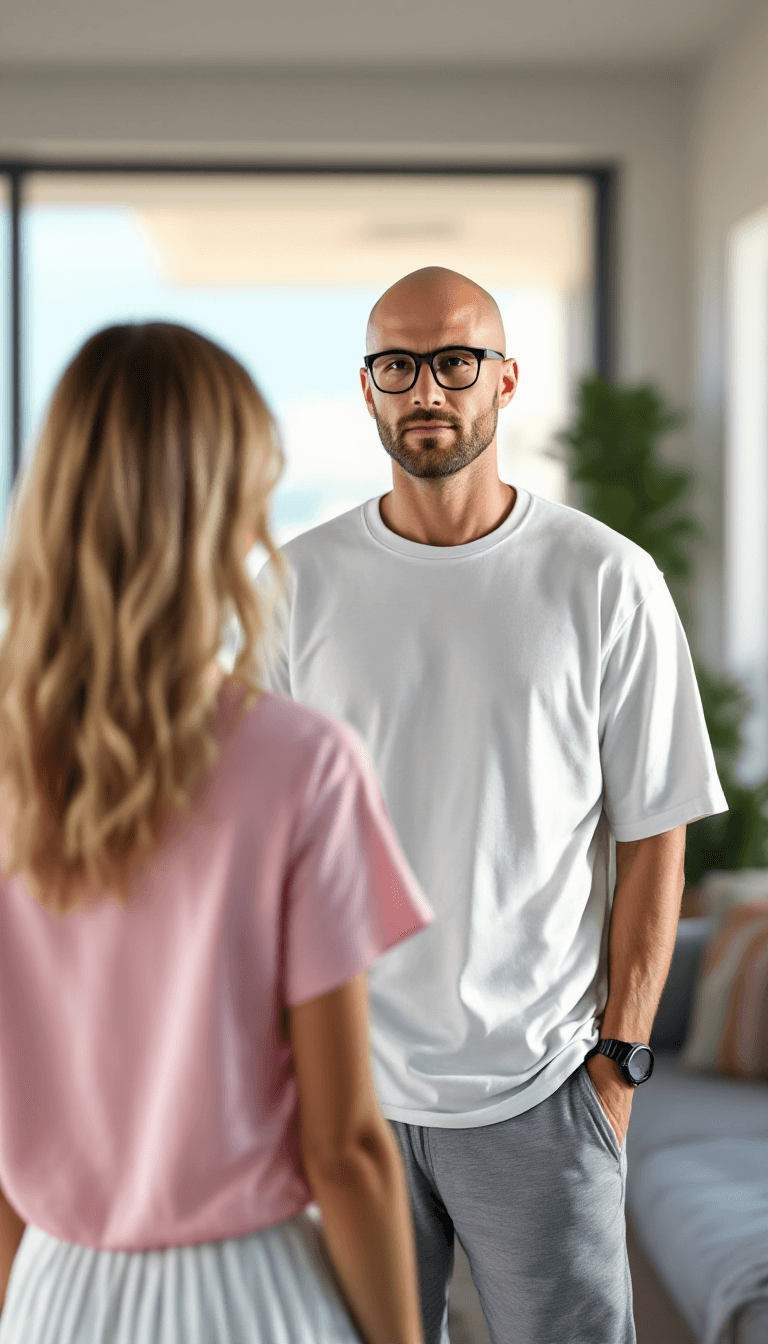 AI generated: Hyper-realistic image of a bald man, clean face, rounded rectangular-framed glasses with dark rims, ...