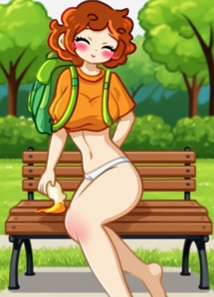 AI generated: Futa girl stroking her futa cock on a park bench while blushing and wearing no pants