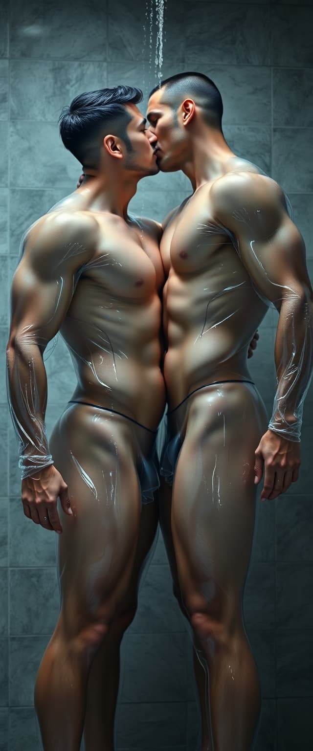 AI generated: Hyper-realistic two muscular men ((kissing)) in a skin-tight transparent and translucent plastic sui...