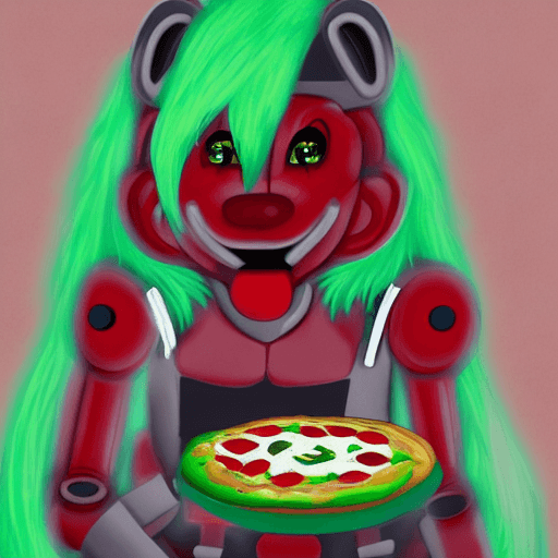 AI generated: robot, roxanne wolf , <lora:fnafsb_roxannewolf-11:1> animatronic, green hair, pizza restaurant, bloo...