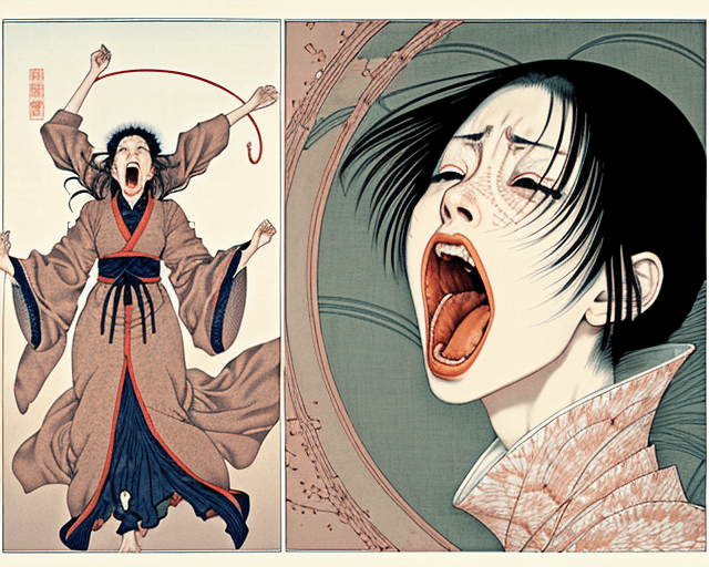 AI generated: a woman screaming, artwork by Takato Yamamoto and Chika Yamada, very detailed, realistic anatomy, fu...