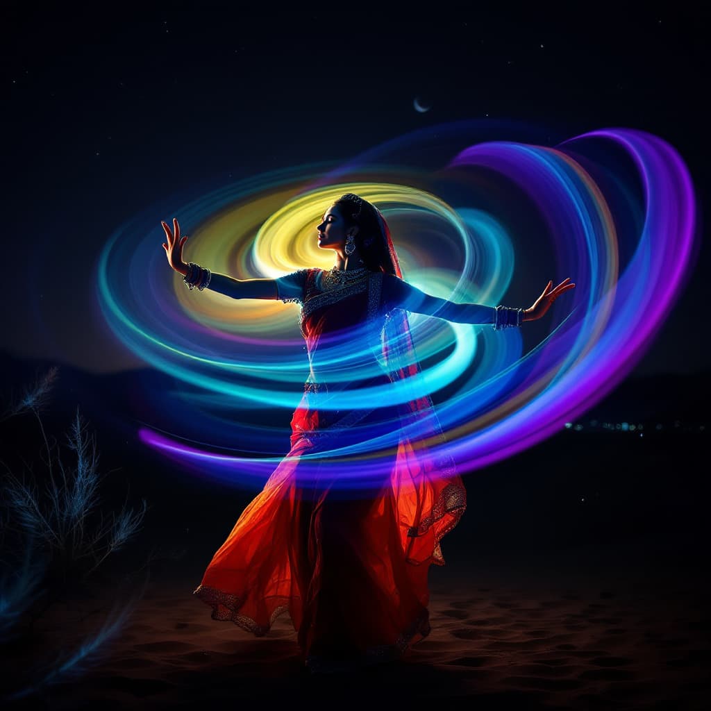 AI generated: Panning Effect Photography, mixed eclectic beauty Rajasthani dancer women in traditional cloths in h...