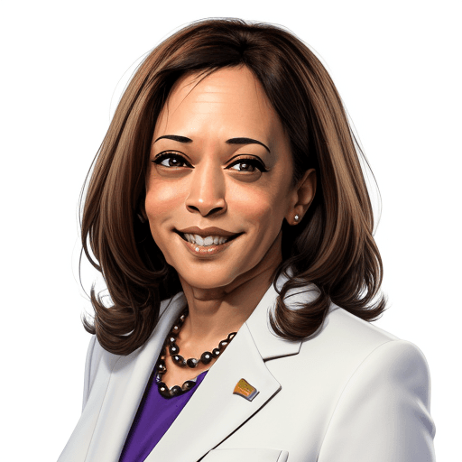 AI generated: cartoon kamala harris headshot, looking into camera, white background, smiling, 4K, wearing a cream ...