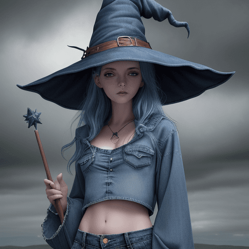 AI generated: Witch, color Denim blue, witch hat, witch outfit with jean shorts, wand with a cloud ontop, best "Wi...