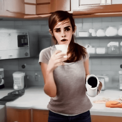 AI generated: go pro ; emma watson hyper realistic ; with milk on her face in a kitchen 