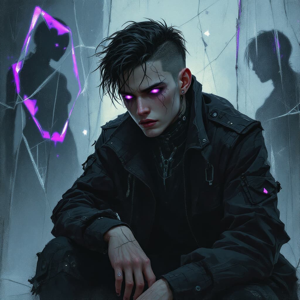 AI generated: Cyberpunk. A haunted young man , pale, glowing violet eyes, faint cybernetic threads visible along h...