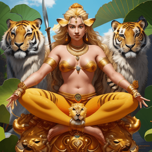 AI generated: Goddess Uma sits on a lion or tiger. By emphasizing a beautiful and sharp face, treasure hunter char...