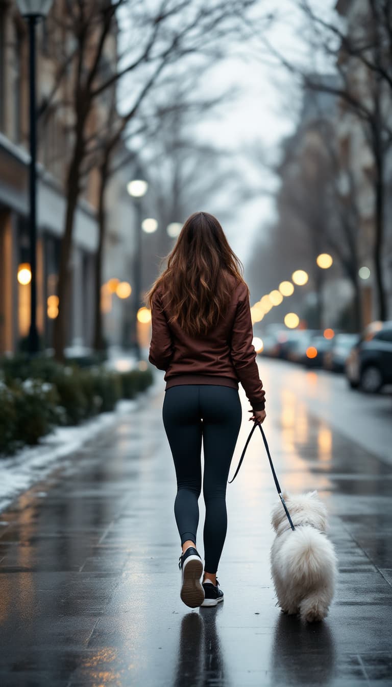 AI generated: A fit and toned woman with long brown hair walking her Westie dog on a leash through the streets of ...