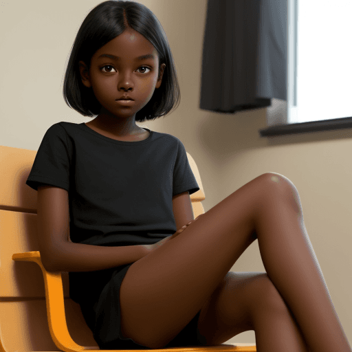 AI generated: girl, dark skin, short black shirt, 12 years old, legs crossed,