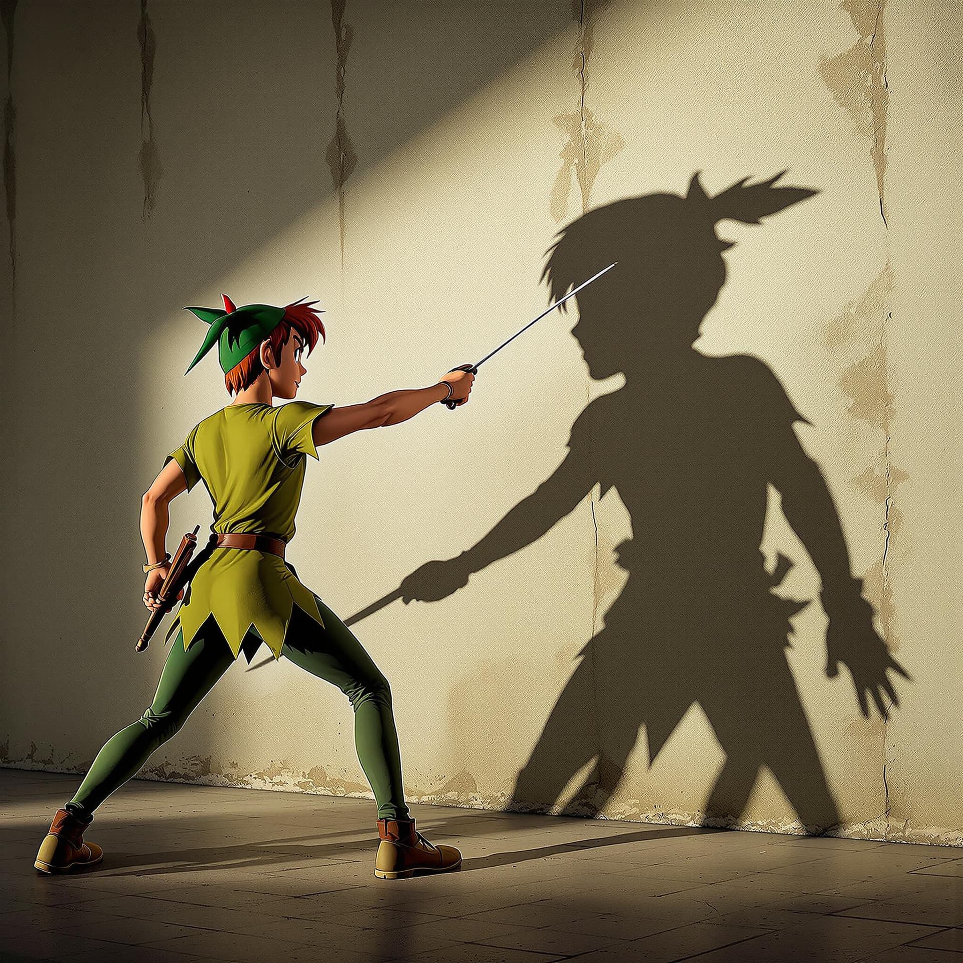 AI generated: realistic photo peter pan is fencing with his shadow against the wall