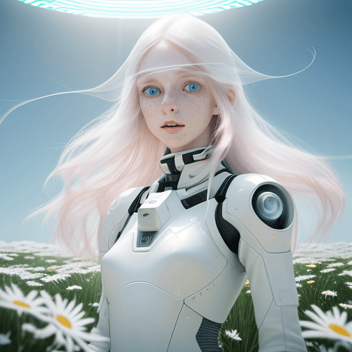 AI generated: photo of a ultra realistic young slim girl with white long hair fluttering in the wind with double l...