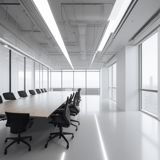 AI generated: photorealistic, perspective view, minimalist co-working space, bright finished and embient, elaborat...