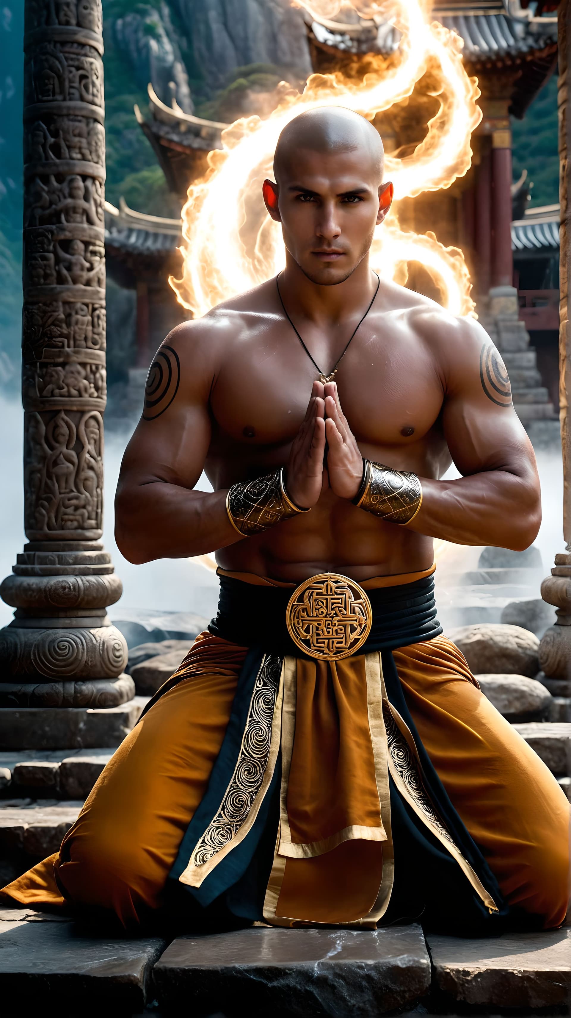 AI generated: A warrior Monk, body sculpted through years of discipline, meditates atop an ancient temple overlook...