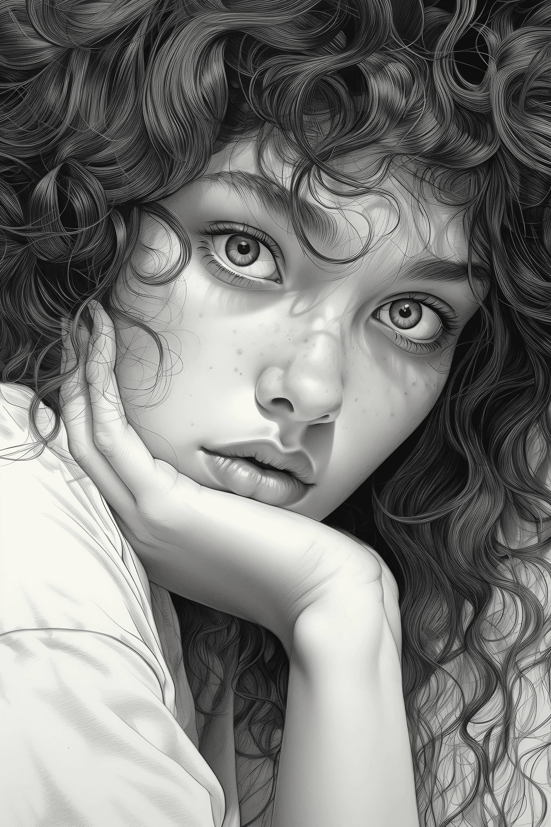 AI generated: this drawing features the hand and curly hair of a young innocent beautiful girl, in the style of su...