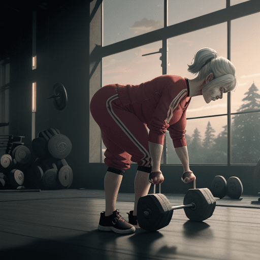 AI generated: Photo of a ultra realistic OLD WOMAN BEND OVER PICKING UP WEIGHTS, IN A TRACK SUIT, dramatic light, ...