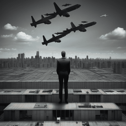 AI generated: brutalist style image, person who can't recognise faces, putting planes in the background, freedom t...