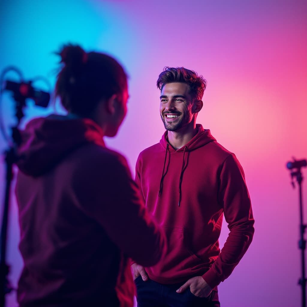 AI generated: professional model shooting with friendly energetic footballer, brand ambassador for recruiting camp...