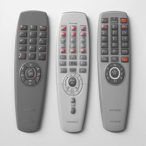 AI generated: 3 matte gray remote controls, arranged in a grid, on a glossy white surface, hyper realistic, highly...