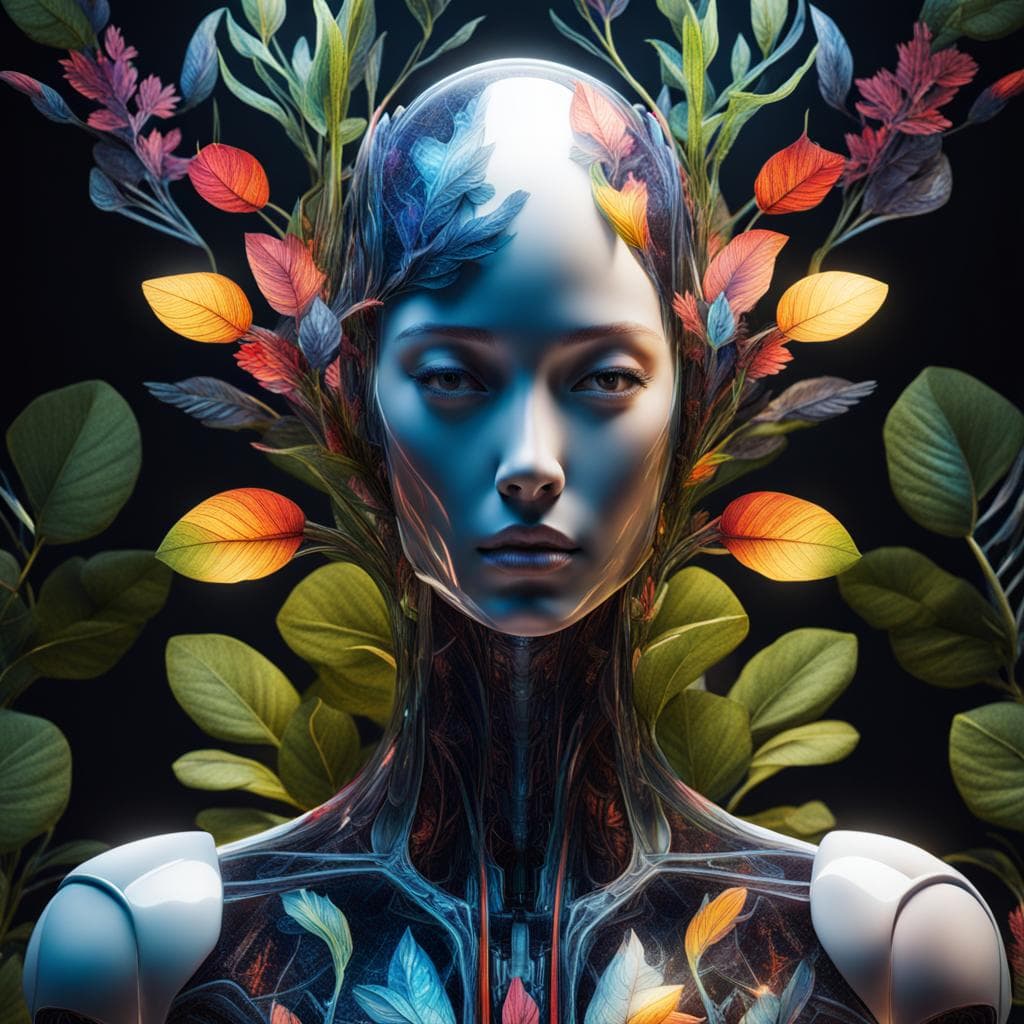 AI generated: Highly detailed professional upper body photo of a transparent bionic woman looking at viewer, plant...