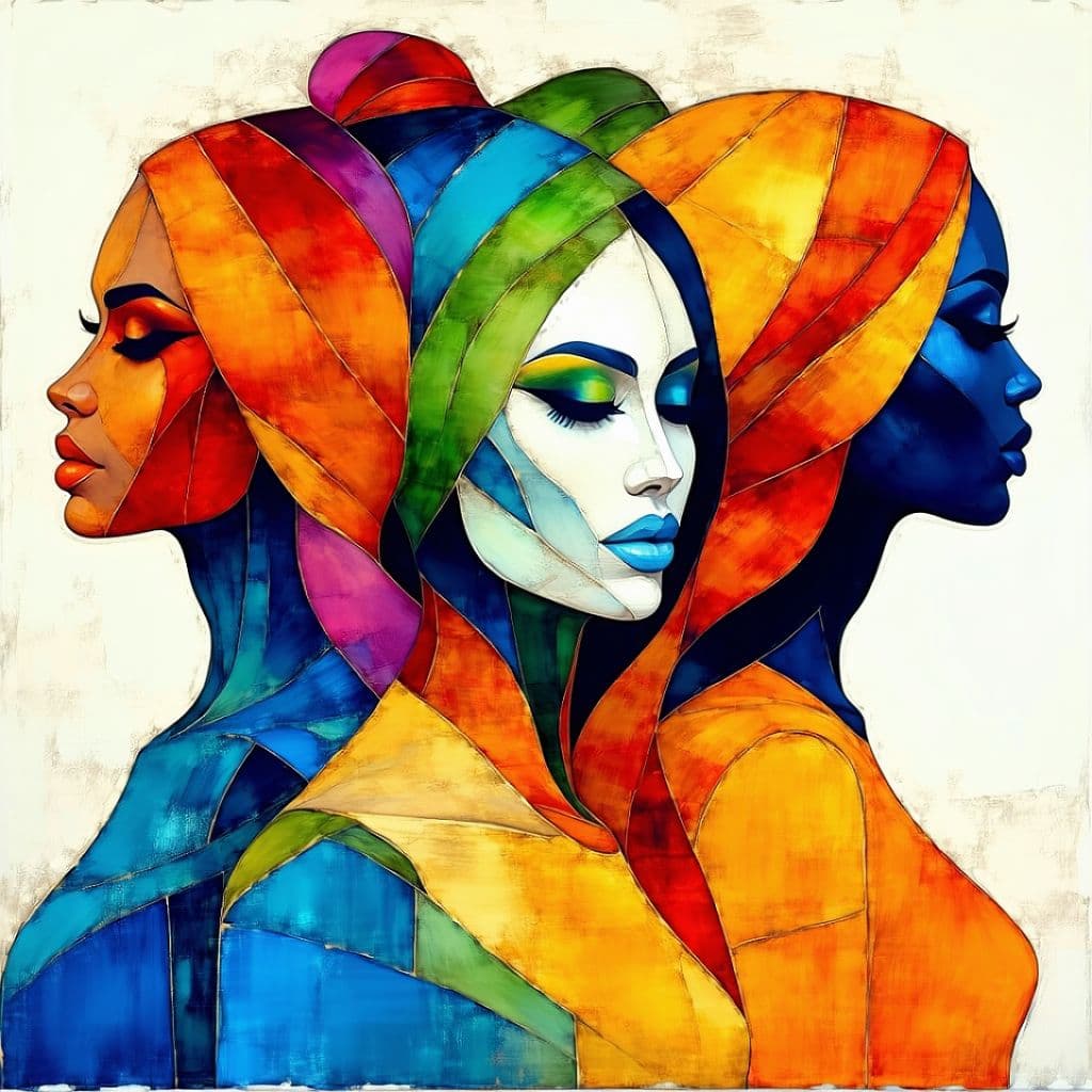 AI generated: illustration, women, three, vibrant colors, outlines --ar 9:16, painterly