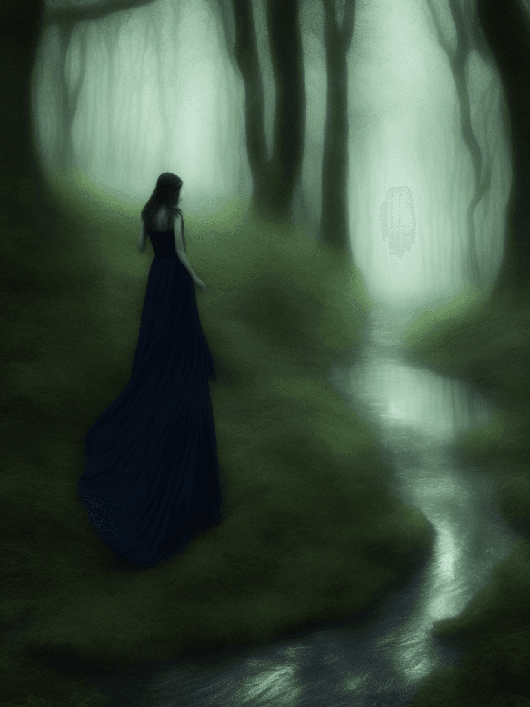AI generated: enchanted forest, dark, moody, mystical, woman, walking through a stream, long dress