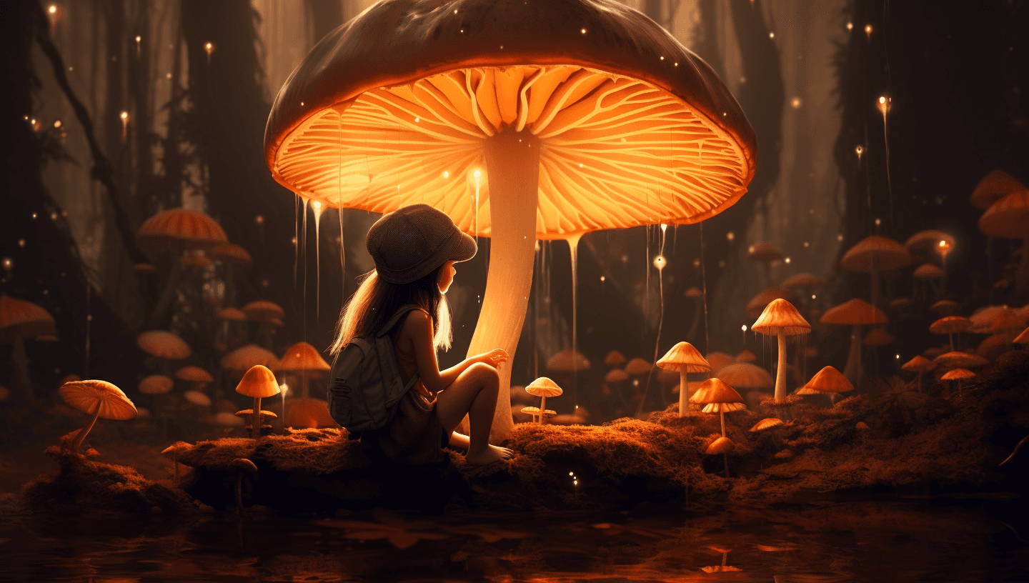AI generated: a small girl sitting under an large mushroom, in the style of glimmering light effects, mythical sym...
