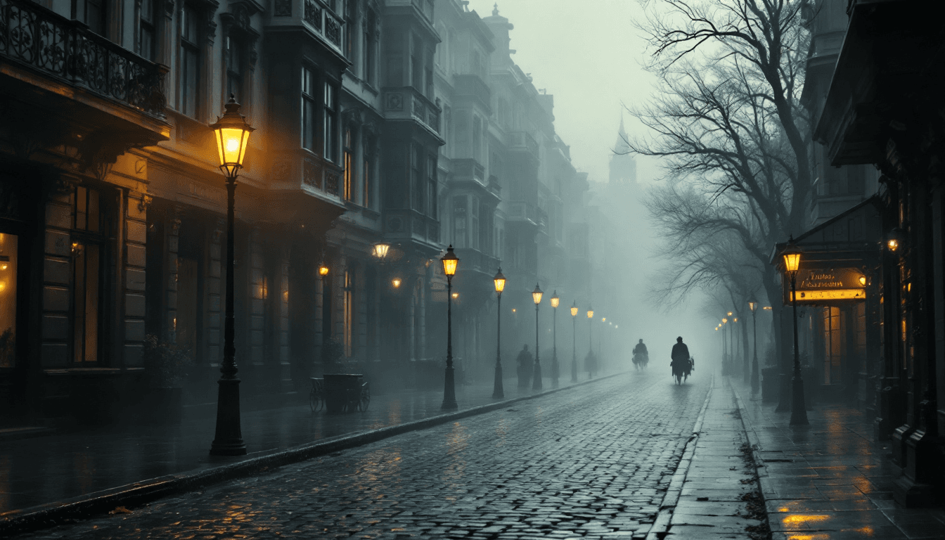 AI generated: A wide view of the empty streets of 1890s Vienna at dawn, shrouded in a ghostly morning mist. The co...