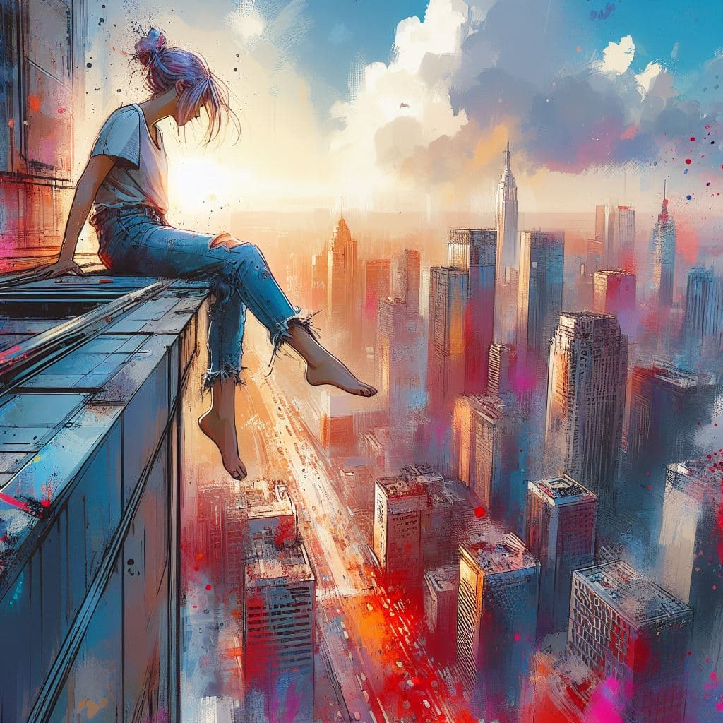 AI generated: aesthetic, painterly style, modern ink, urbanpunk, A high ground angle shot, skyscrappers on low gro...